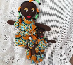 20" CLOTH MAMA DOLL & 12" GIRL DOLL, ORIGINAL ORANGE PRINT OUTFITS